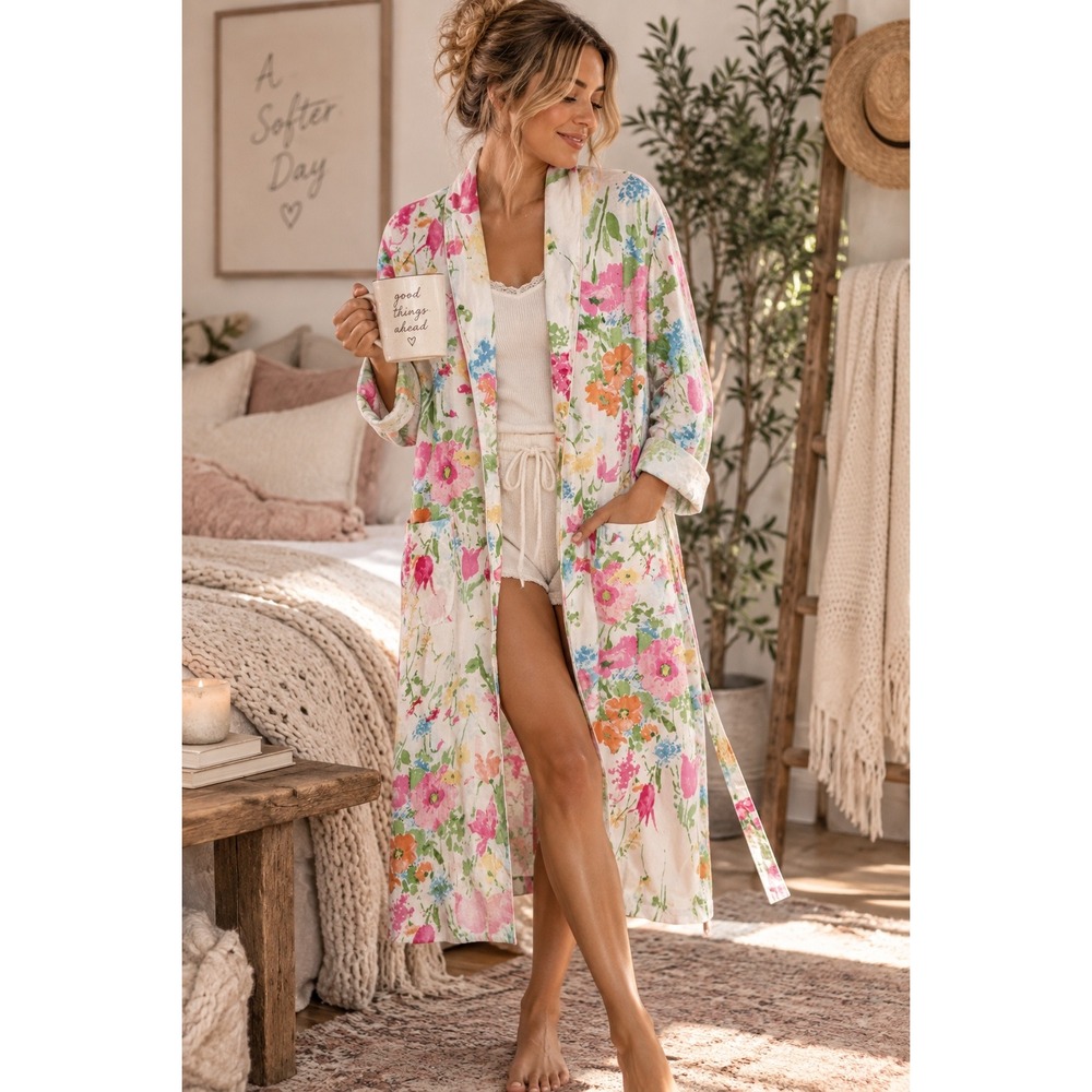 Lauren Ralph Lauren Womens Floral Cotton Wrap Robe White Pink Blue Large L